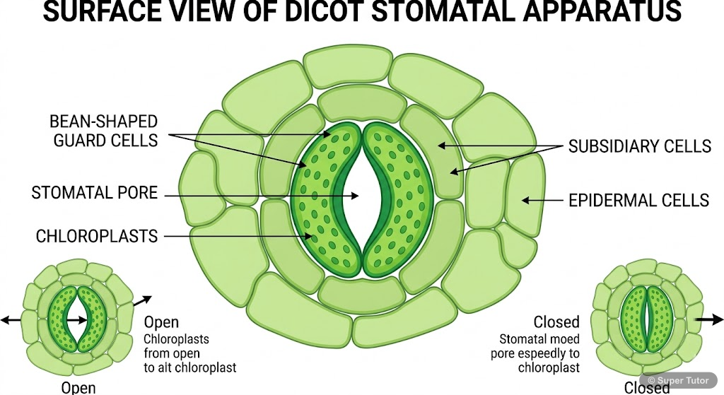 A labeled diagram of a dicot stomatal apparatus, showing the bean-shaped guard cells, the stomatal pore, and the surrounding subsidiary cells and epidermal cells.