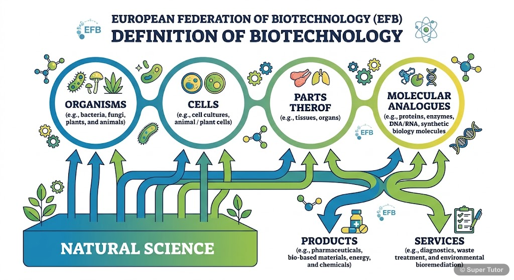 An infographic illustrating the EFB's definition of biotechnology as 'The integration of natural science and organisms, cells, parts thereof, and molecular analogues for products and services.'