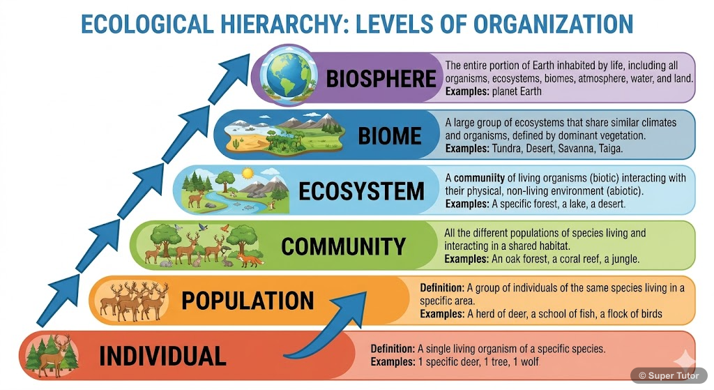 A flowchart illustrating the increasing levels of organization in ecology, starting from individual and progressing to biosphere.