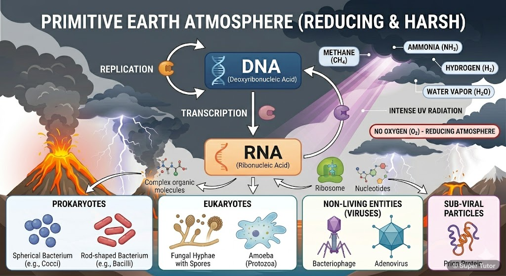 An infographic illustrating the different types of microbes (bacteria, fungi, viruses, protozoa, prions) with representative examples and their general characteristics or shapes.