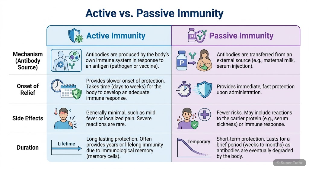 Active vs. Passive Immunity A comparison chart highlighting the differences between active and passive immunity in terms of antibody production, onset of relief, side effects, and duration.