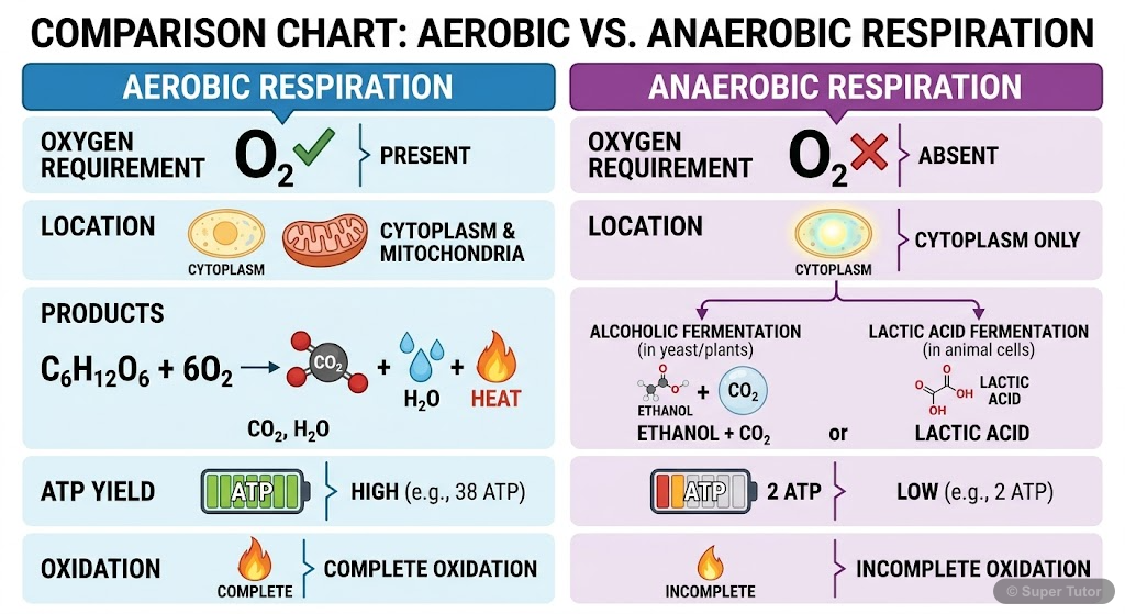 An infographic or comparison chart highlighting the key differences between aerobic and anaerobic respiration, including oxygen requirement, location, products, and ATP yield.
