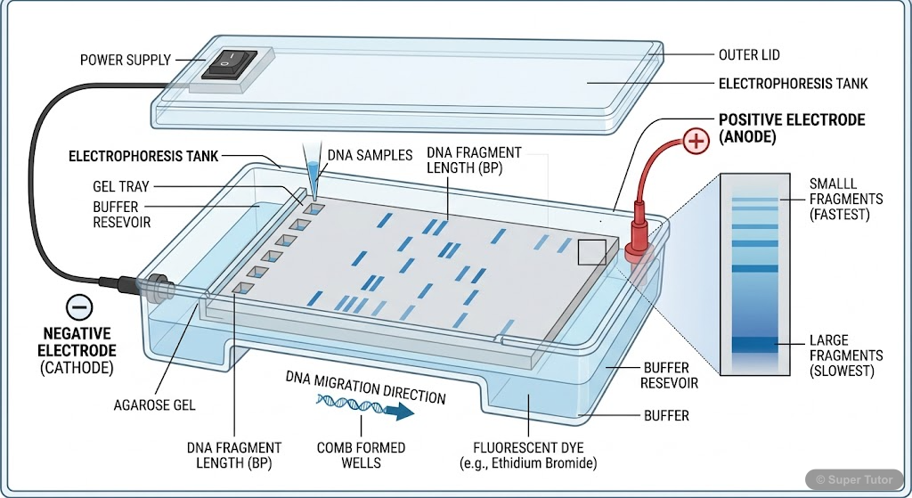 A labeled diagram illustrating the setup and principle of agarose gel electrophoresis, showing how DNA fragments separate based on size and charge under an electric field.