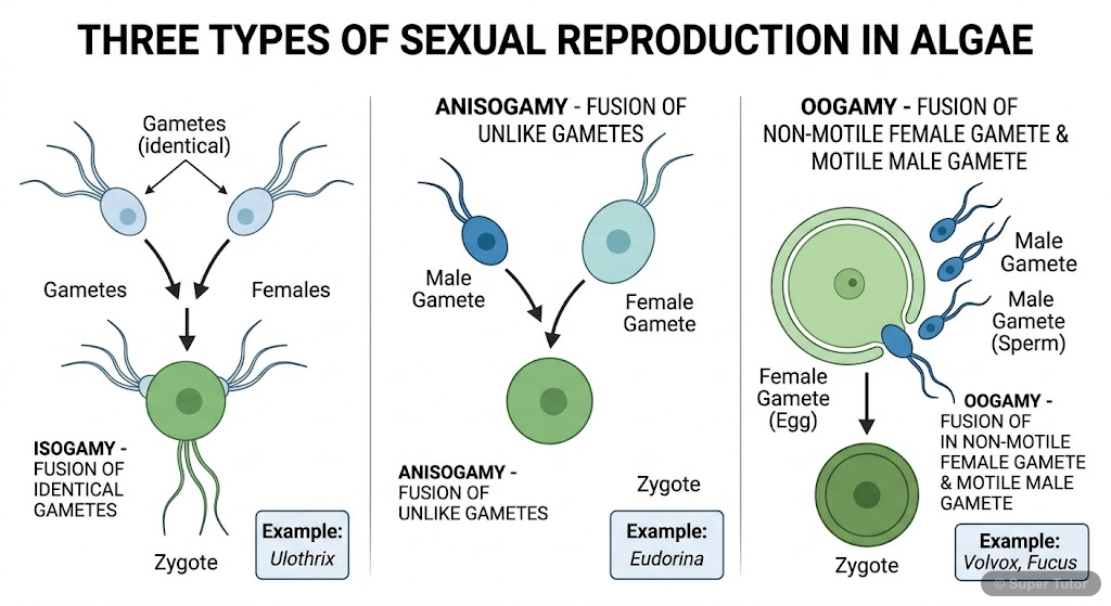 A comparative diagram illustrating isogamy, anisogamy, and oogamy, showing the morphological characteristics of gametes and their fusion.