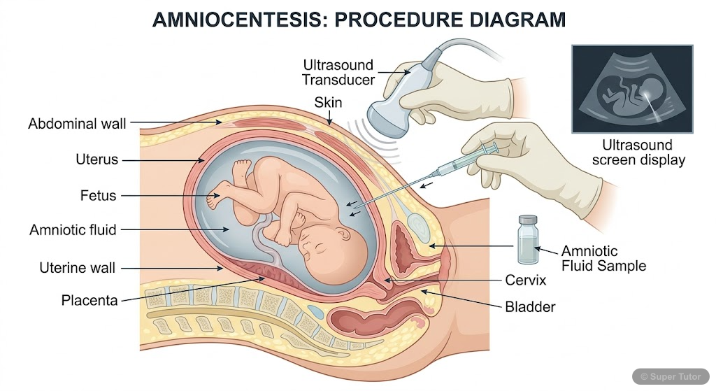 A labeled diagram showing the medical procedure of amniocentesis, including the fetus, amniotic fluid, placenta, and the needle insertion for fluid extraction.