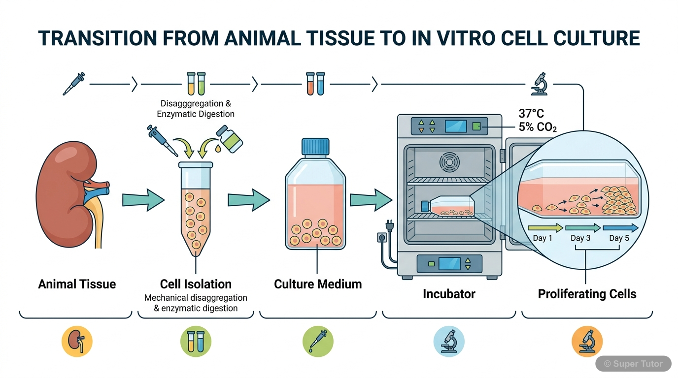 An infographic illustrating the basic concept of animal cell culture, showing cells isolated from an animal tissue and then maintained and proliferated in vitro under controlled laboratory conditions.