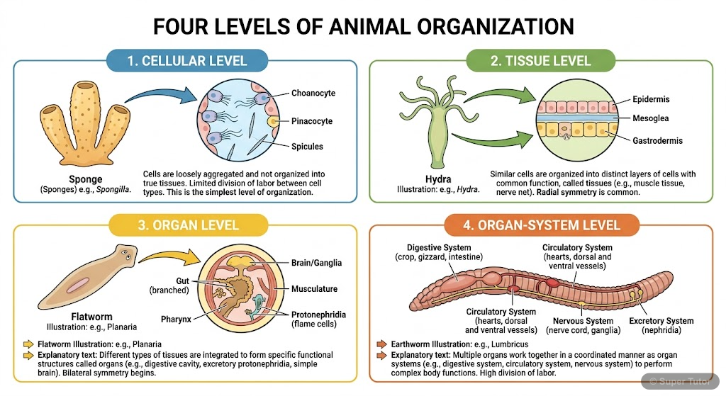 An infographic illustrating the different levels of organization found in the animal kingdom: cellular level (e.g., sponges), tissue level (e.g., cnidarians), organ level (e.g., platyhelminthes), and 