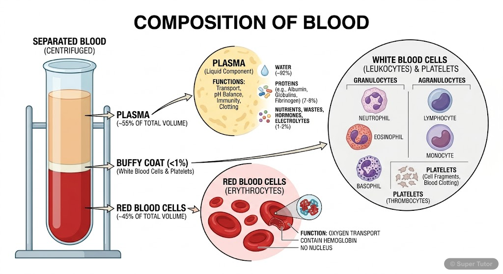 An infographic showing the main components of blood: plasma, red blood cells (erythrocytes), white blood cells (leukocytes - neutrophils, lymphocytes, monocytes, eosinophils, basophils), and platelets