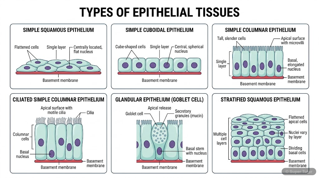 A comparative diagram showing the different types of simple and compound epithelial tissues, including squamous, cuboidal, columnar, ciliated columnar, glandular, and stratified squamous epithelium, w