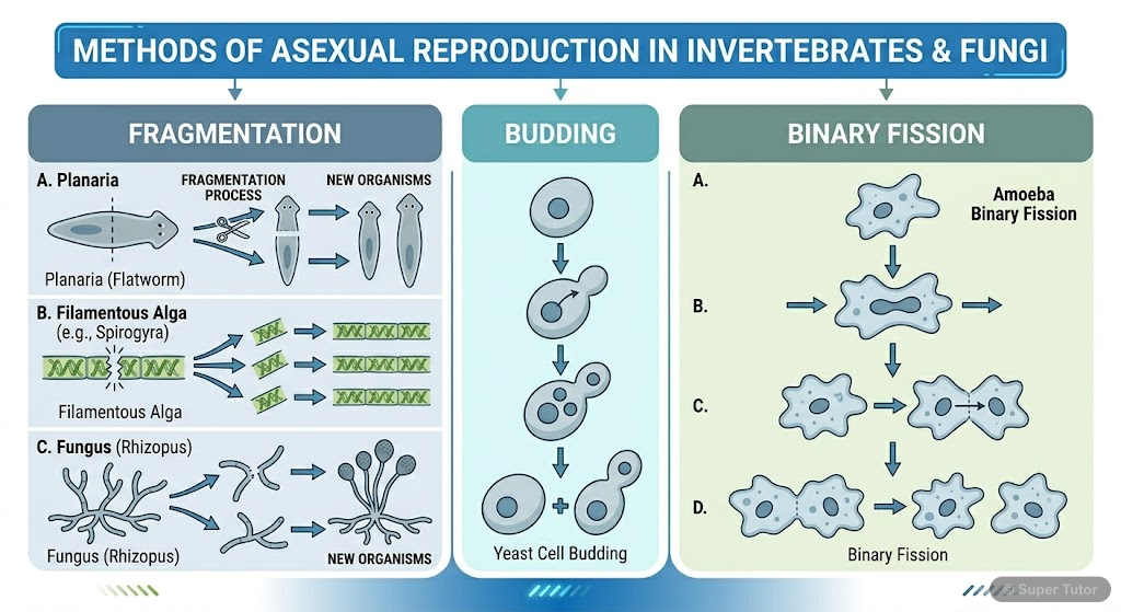 A labeled diagram illustrating various modes of asexual reproduction mentioned in the chapter: fragmentation (Planaria, Fungi, Filamentous Algae), budding (Yeast), and binary fission (Amoeba).