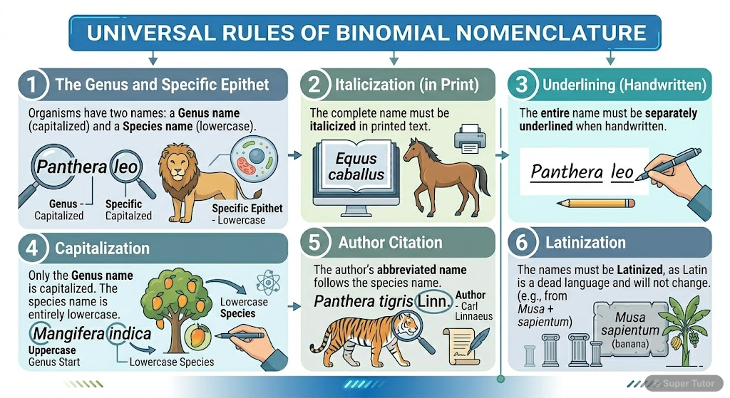An infographic summarizing the universal rules of binomial nomenclature, including Latin origin, italicization/underlining, capitalization of genus, lowercase for species, and author citation, with ex