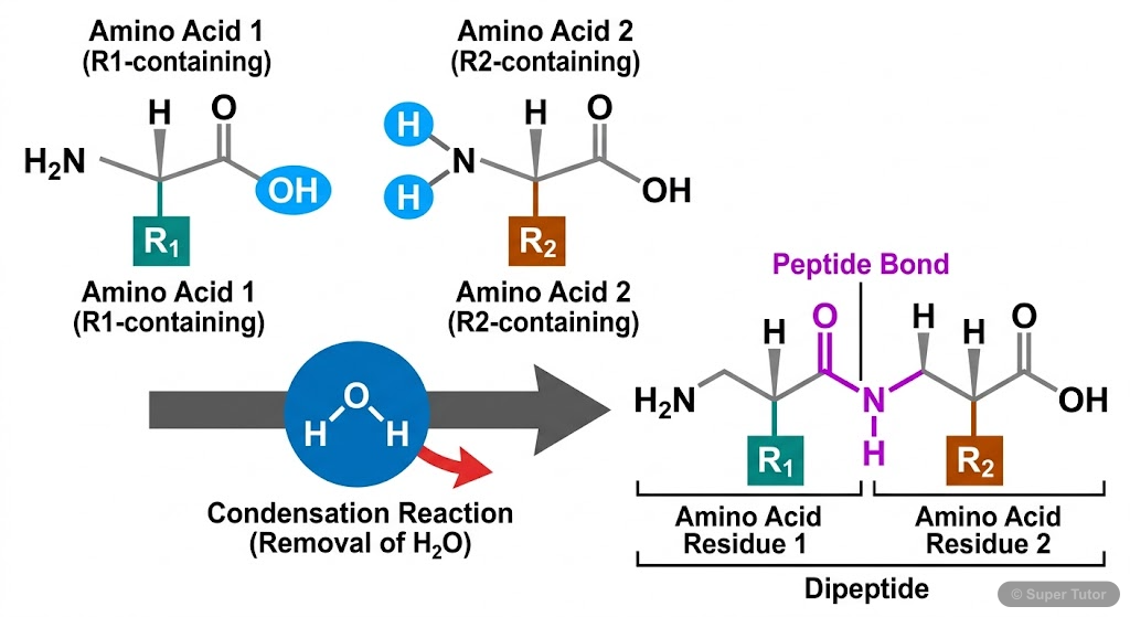 A chemical reaction diagram showing the condensation reaction between the carboxyl group of one amino acid and the amino group of another amino acid, resulting in the formation of a peptide bond and t