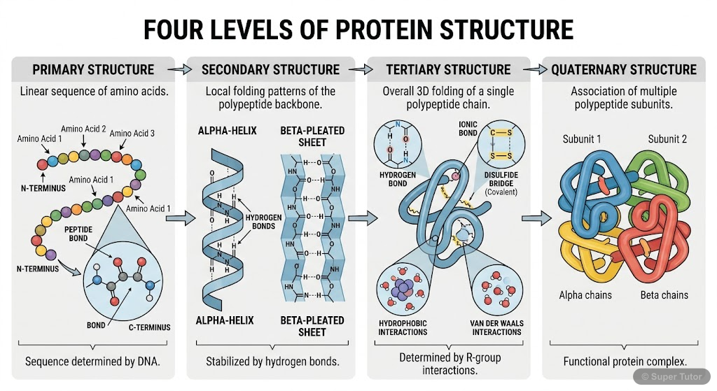 A multi-panel diagram illustrating the four levels of protein structure: primary (amino acid sequence), secondary (alpha-helix, beta-pleated sheet), tertiary (3D folding), and quaternary (multiple pol