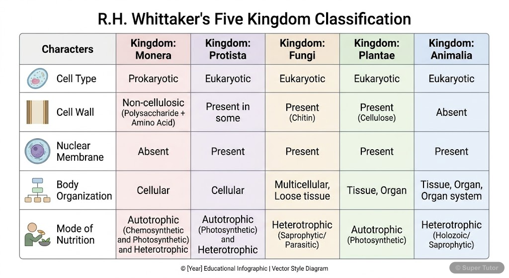 R.H. Whittaker's Five Kingdom Classification Table A comprehensive table summarizing the key characteristics used by R.H. Whittaker to classify organisms into five kingdoms: Monera, Protista, Fungi, Plantae, and Animalia.