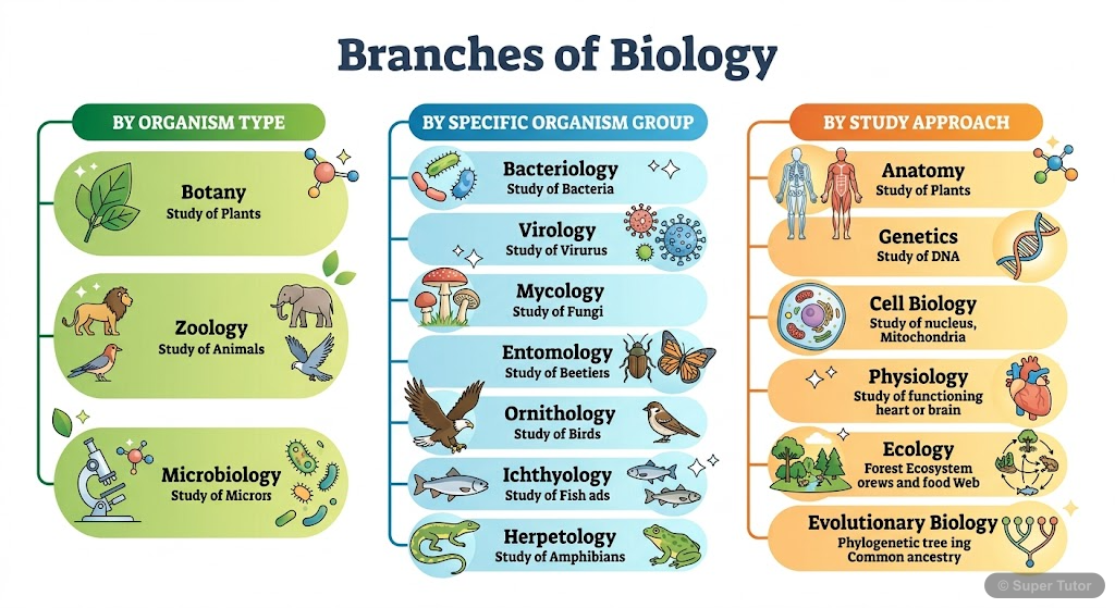 An infographic illustrating the major branches of biology, categorized by the kind of organism studied (Botany, Zoology, Human Biology), special groups of organisms (Bacteriology, Virology, Mycology, 