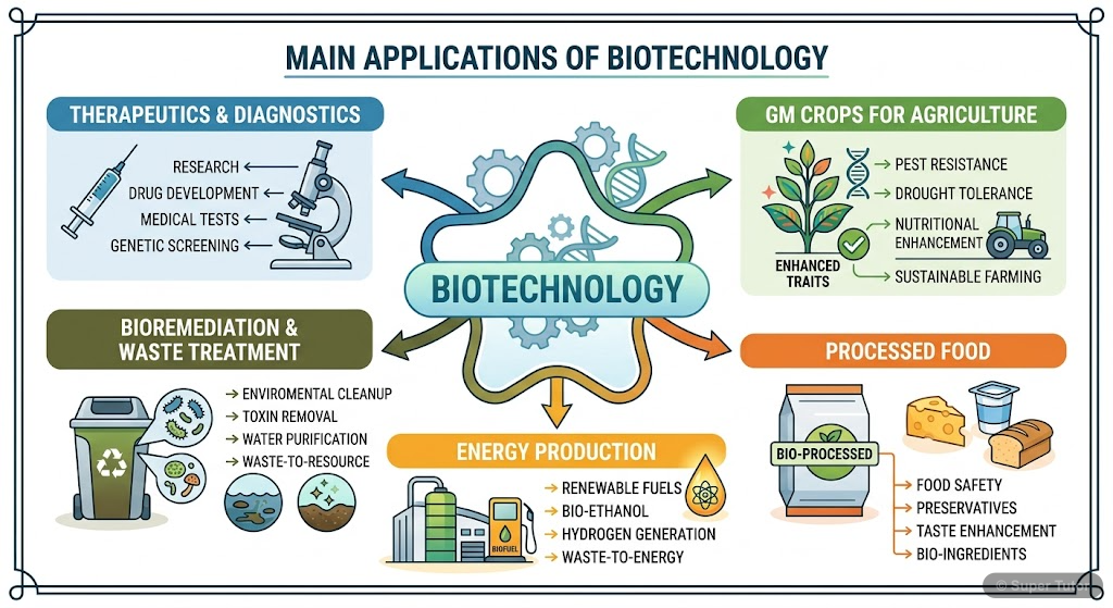 An infographic illustrating the diverse applications of biotechnology, including therapeutics, diagnostics, genetically modified crops for agriculture, bioremediation, and waste treatment.