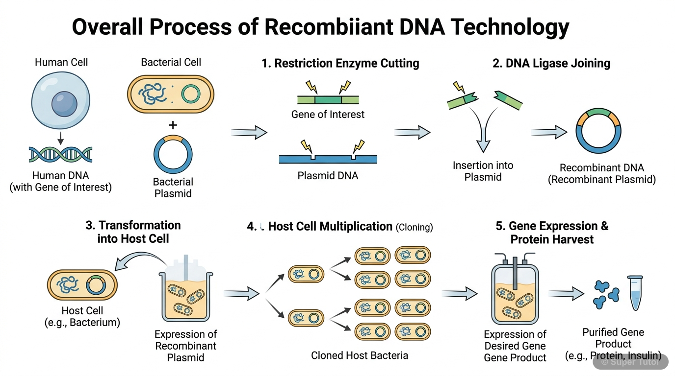 A high-level flowchart illustrating the main steps involved in recombinant DNA technology, from isolating DNA from different sources to creating a recombinant organism and producing a desired product.