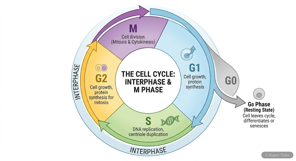 A circular diagram illustrating the different phases of the cell cycle: Interphase (G1, S, G2) and M phase (Mitosis/Meiosis). It should clearly show the progression of a cell through these stages, inc