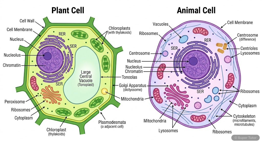 A side-by-side labeled diagram comparing the ultrastructure of a typical plant cell and an animal cell, highlighting their common organelles and distinct features like cell wall, chloroplasts, large c