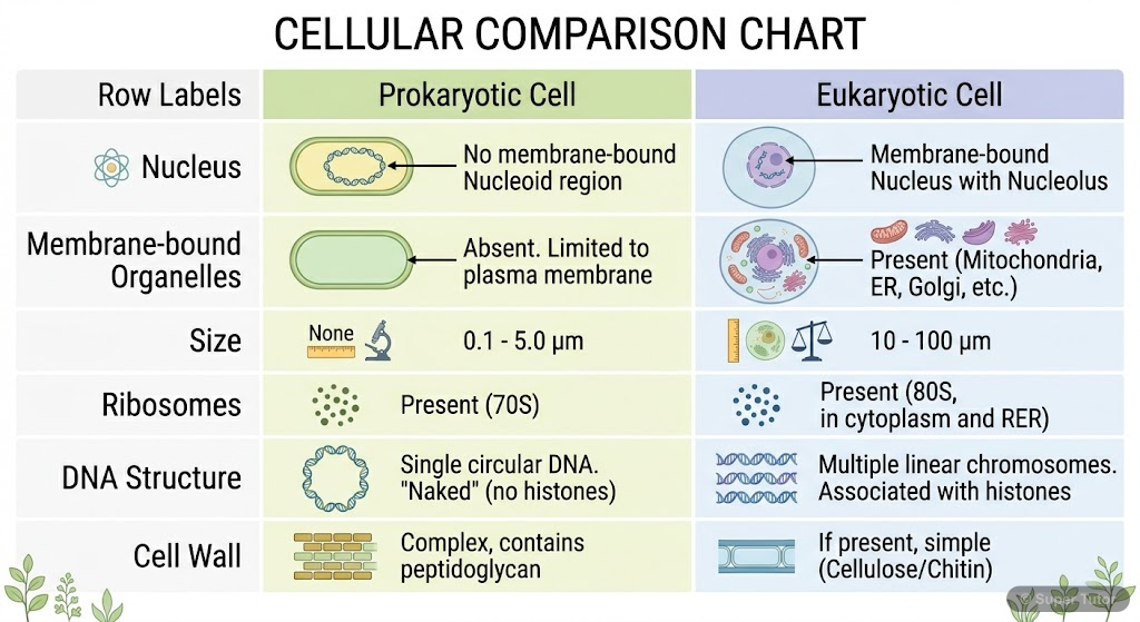 Comparison of Prokaryotic and Eukaryotic Cells A comparison chart highlighting key differences between prokaryotic and eukaryotic cells, including nucleus, membrane-bound organelles, size, ribosomes, and DNA structure.