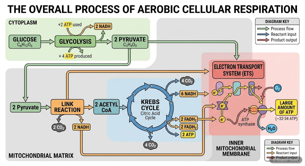A high-level flowchart illustrating the three main stages of aerobic cellular respiration: Glycolysis, Krebs Cycle, and Electron Transport System, along with their respective locations within the cell