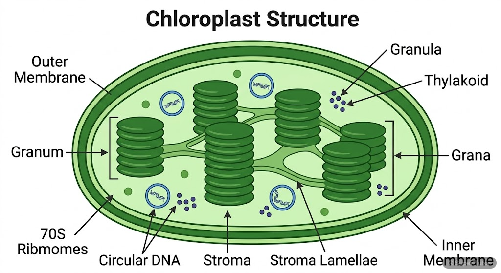 Ultrastructure of Chloroplast A detailed, labeled cross-section diagram of a chloroplast, showing its double membrane, stroma, thylakoids, grana (stacks of thylakoids), and stroma lamellae, highlighting the sites of light and dark