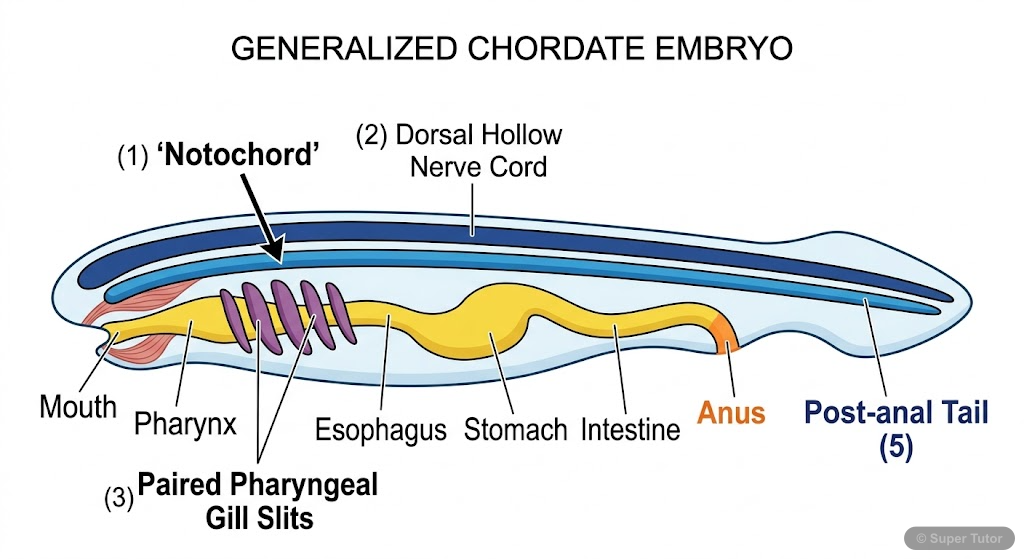 A labeled diagram of a generalized chordate illustrating the four defining features: a notochord, a dorsal hollow nerve cord, paired pharyngeal gill slits, and a post-anal tail.