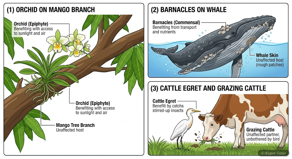 An illustration showcasing various examples of commensalistic relationships, such as an orchid on a mango branch, barnacles on a whale, and cattle egret with grazing cattle.