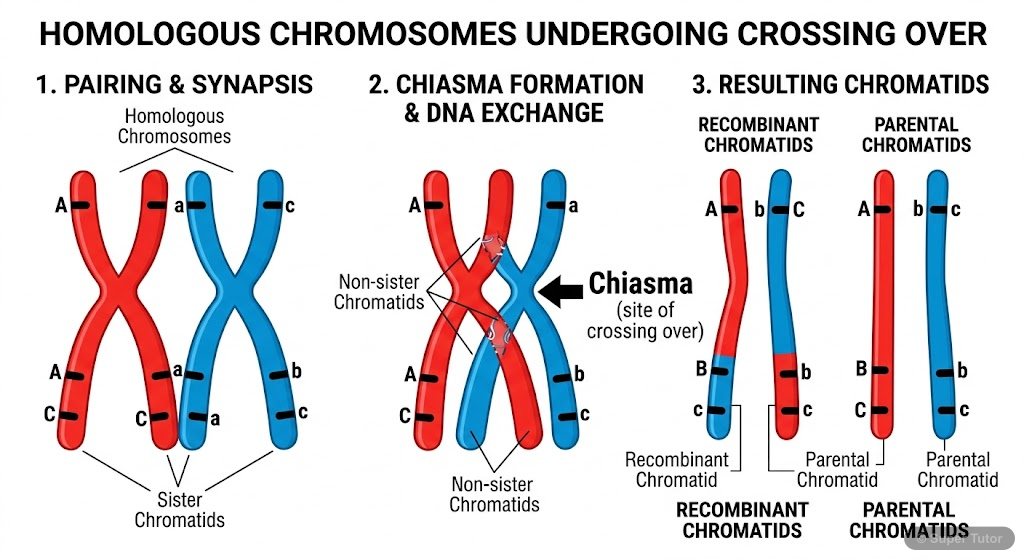 Mechanism of Crossing Over A detailed diagram illustrating the process of crossing over, where genetic material is exchanged between non-sister chromatids of homologous chromosomes during Pachytene of Prophase I.