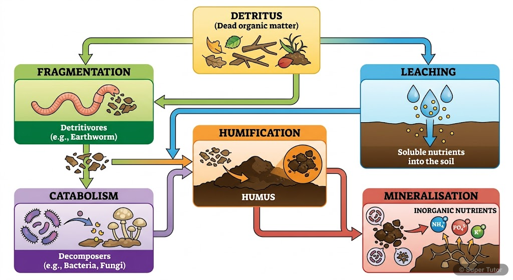 Steps of Decomposition Process A flowchart illustrating the sequential and simultaneous steps involved in the decomposition of detritus: fragmentation, leaching, catabolism, humification, and mineralisation.