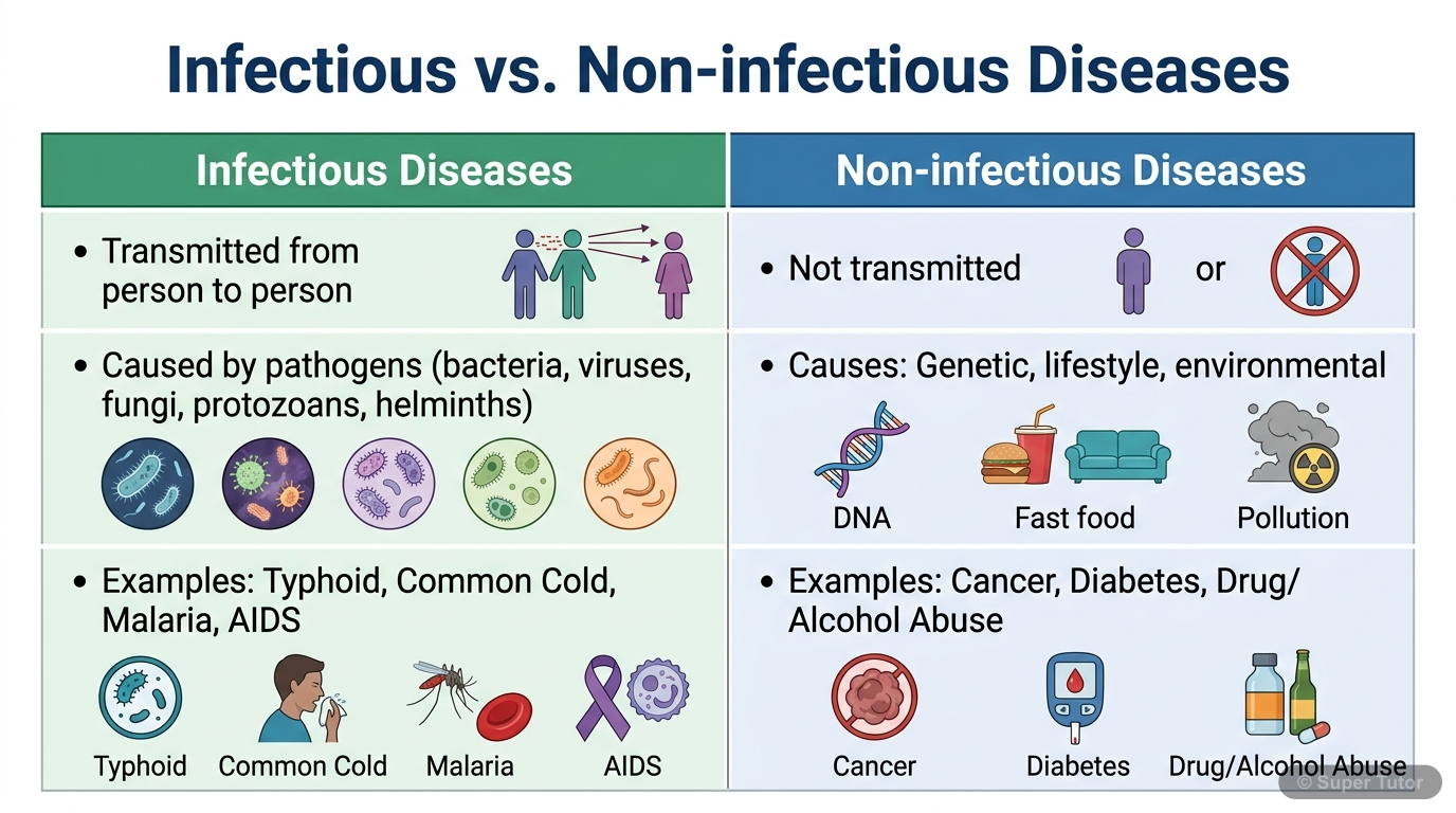 Infectious vs. Non-infectious Diseases A comparison chart highlighting the key differences between infectious and non-infectious diseases, including transmission, causes, and examples.
