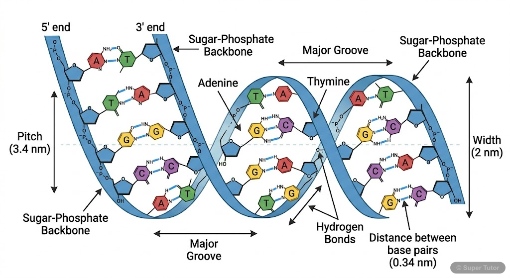 A labeled diagram illustrating the Watson and Crick model of DNA, showing the double helical structure, antiparallel strands, sugar-phosphate backbone, nitrogenous base pairing (A-T, G-C) with hydroge