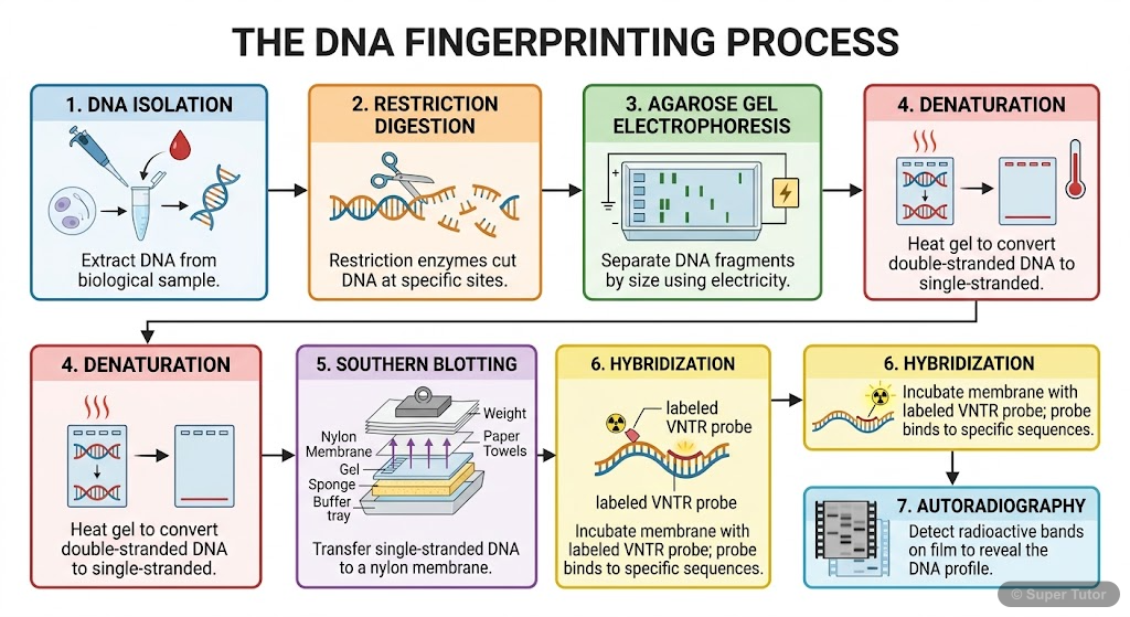 DNA Fingerprinting Process A flowchart illustrating the sequential steps involved in DNA fingerprinting (DNA profiling), from DNA isolation to the detection of hybridized DNA fragments, including restriction digestion, gel elec
