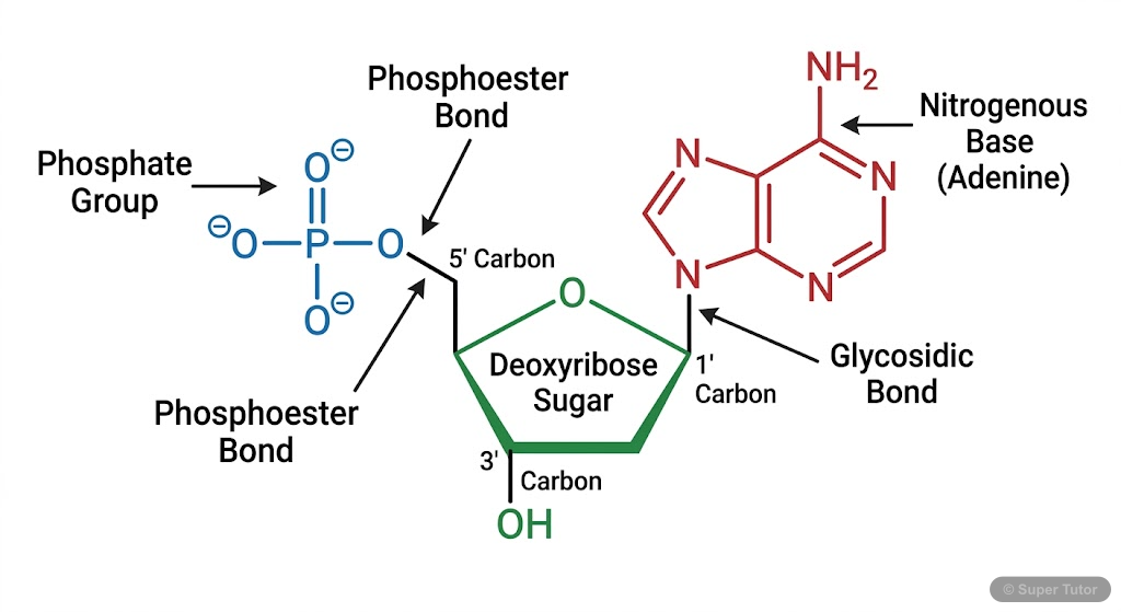 A detailed labeled diagram showing the components of a DNA nucleotide: a deoxyribose sugar, a phosphate group, and one of the four nitrogenous bases (Adenine, Guanine, Cytosine, or Thymine). Emphasize