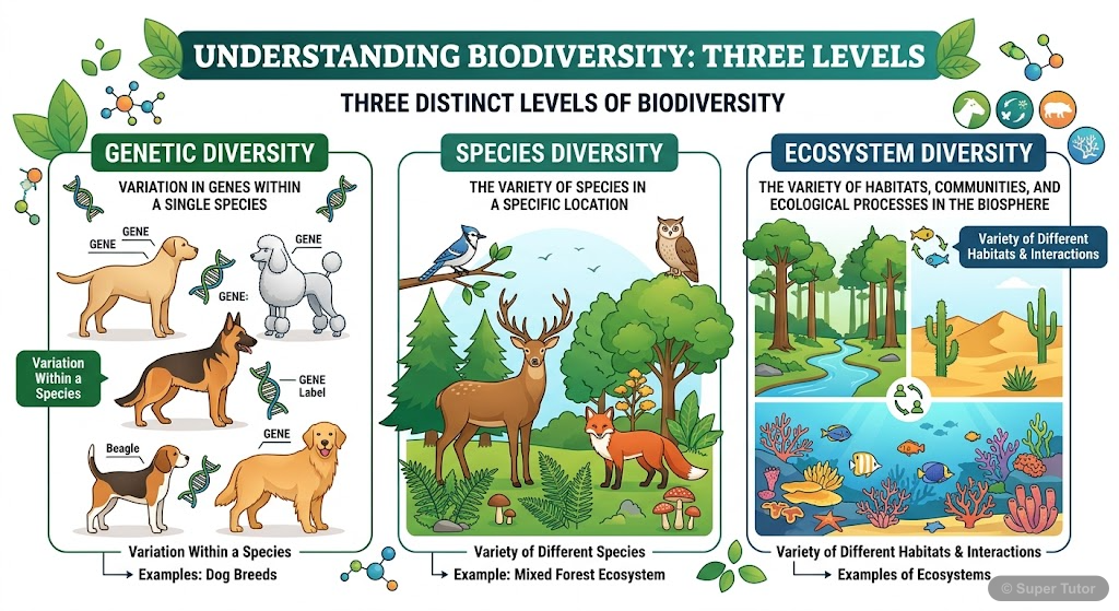 Levels of Biodiversity An infographic illustrating the concept of biodiversity at three main levels: genetic, species, and ecosystem diversity, with visual examples for each.