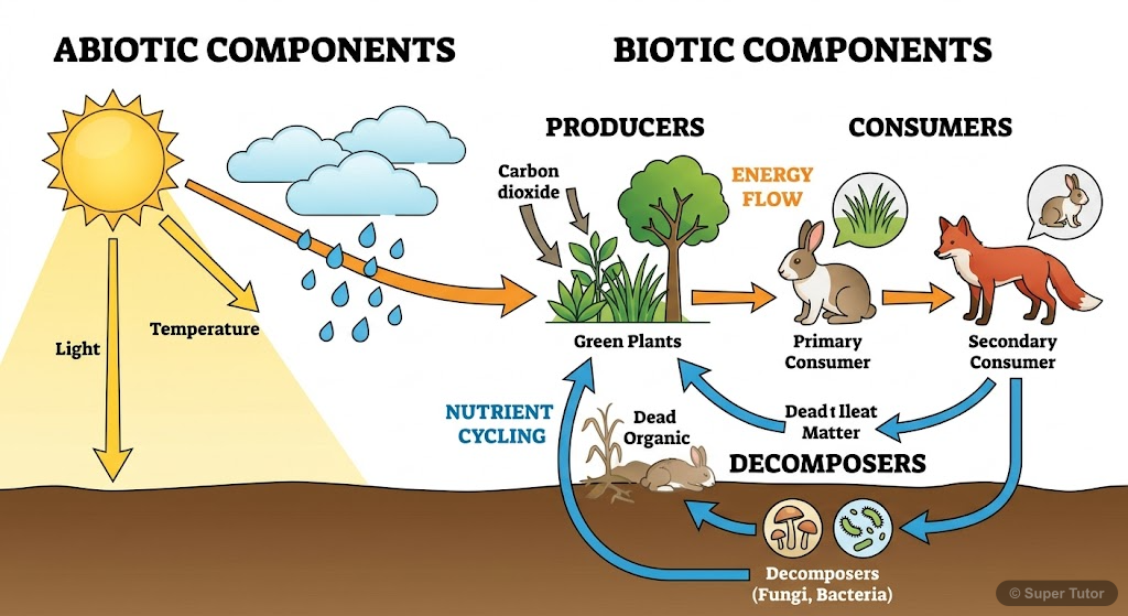 A diagram illustrating the interaction between biotic (producers, consumers, decomposers) and abiotic (sunlight, water, soil, temperature, air) components within an ecosystem.