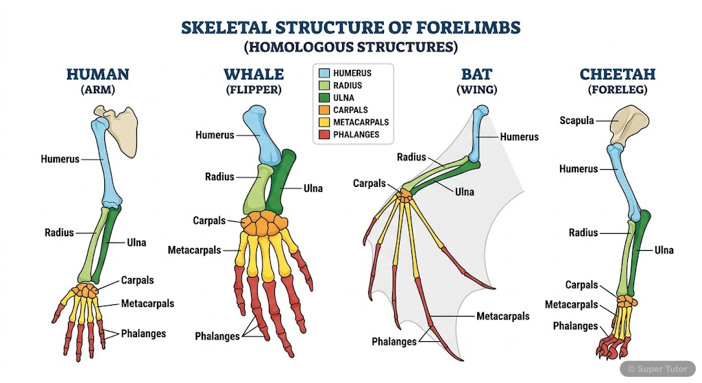 A comparative labeled diagram of the skeletal structure of forelimbs in different vertebrates (e.g., human, whale, bat, cheetah), illustrating their common anatomical plan despite different functions,