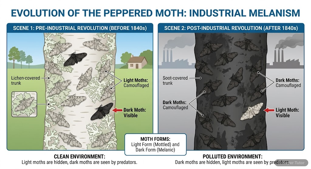 A comparison scene showing the population of light and dark peppered moths on tree trunks in a rural (pre-industrial) and an industrial (post-industrial) environment, illustrating natural selection.