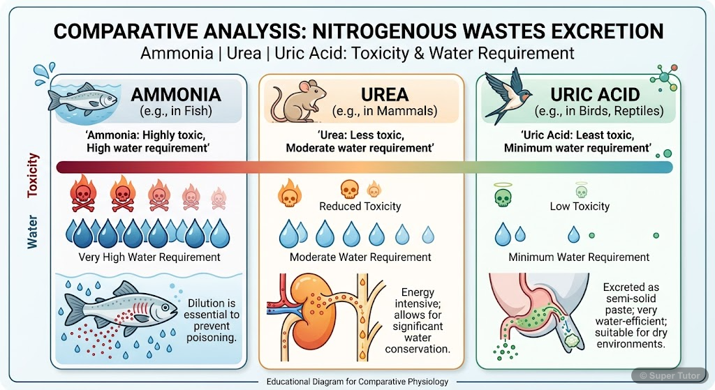 Toxicity and Water Requirement of Nitrogenous Wastes An infographic comparing ammonia, urea, and uric acid based on their relative toxicity and the amount of water required for their excretion.
