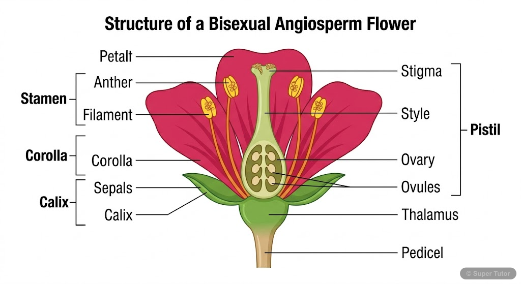 A detailed labeled diagram of a typical bisexual angiosperm flower, showing all four floral whorls: calyx (sepals), corolla (petals), androecium (stamens), and gynoecium (pistil/carpels). Essential an