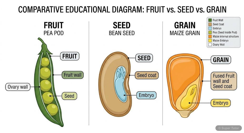 A comparison illustrating the key differences between a fruit, a seed, and a grain, focusing on their structural components and how they enclose the embryo.