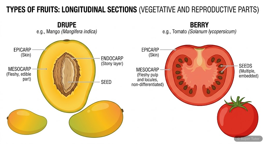Structure of Fruit (Drupe and Berry) Longitudinal section diagrams of a drupe (e.g., mango, coconut) and a berry (e.g., brinjal, tomato) showing the pericarp differentiated into epicarp, mesocarp, and endocarp.