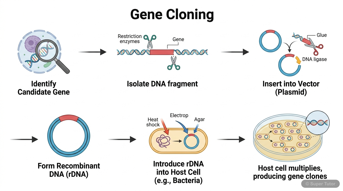 A flowchart illustrating the complete process of gene cloning, from identifying a candidate gene to producing unlimited copies in a host cell. Include steps like gene isolation, enzymatic insertion in