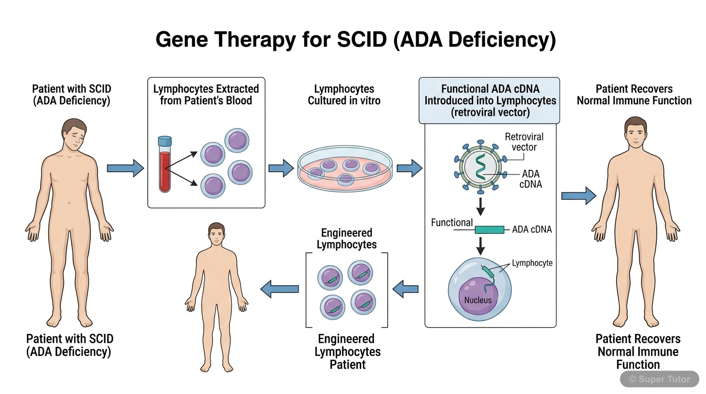 A flowchart illustrating the ex vivo gene therapy approach for treating Severe Combined Immunodeficiency (SCID) caused by Adenosine Deaminase (ADA) deficiency, involving lymphocyte modification and re
