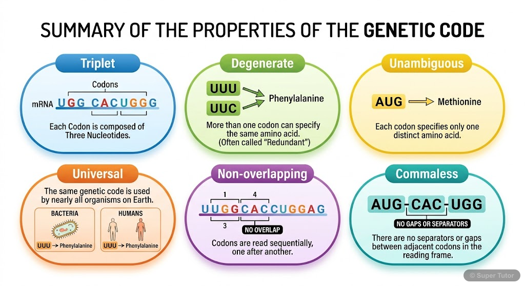 Properties of the Genetic Code An infographic summarizing the key characteristics of the genetic code: triplet, degenerate, unambiguous, universal, non-overlapping, and commaless, with brief explanations or examples for each proper