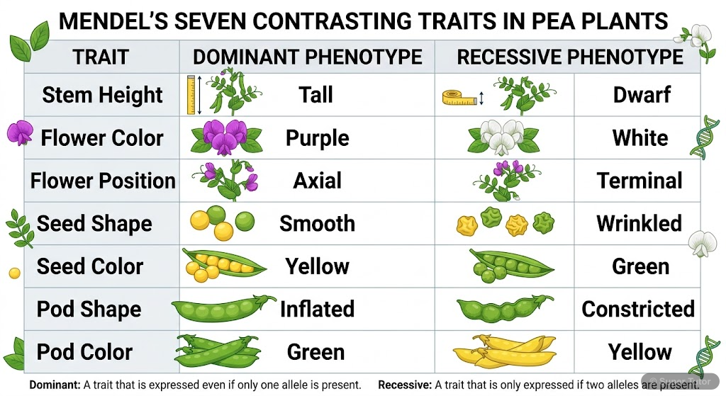 A comparison chart illustrating Mendel's seven pairs of contrasting traits in pea plants, showing both dominant and recessive phenotypes for each trait.