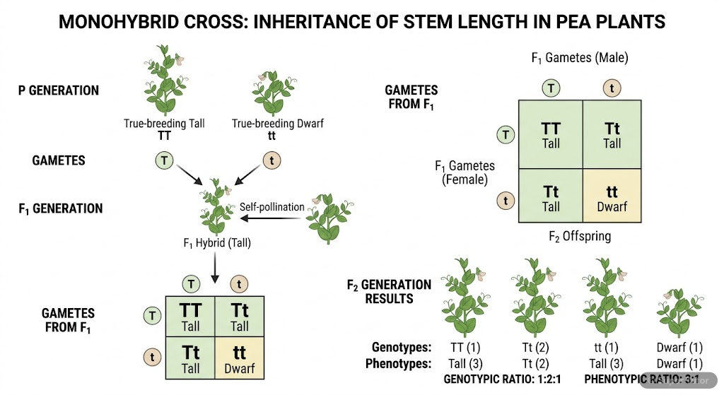 A flowchart demonstrating a monohybrid cross between true-breeding tall and dwarf pea plants, showing P, F1, and F2 generations with genotypes, phenotypes, and ratios.