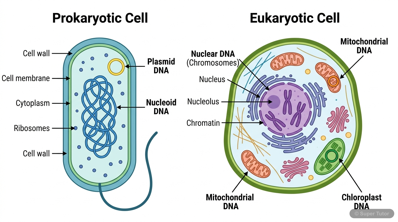 A comparative diagram showing the complete genetic information (genome) in a prokaryotic cell (nucleoid and plasmid DNA) and a eukaryotic cell (nuclear chromosomes, mitochondrial DNA, and chloroplast 