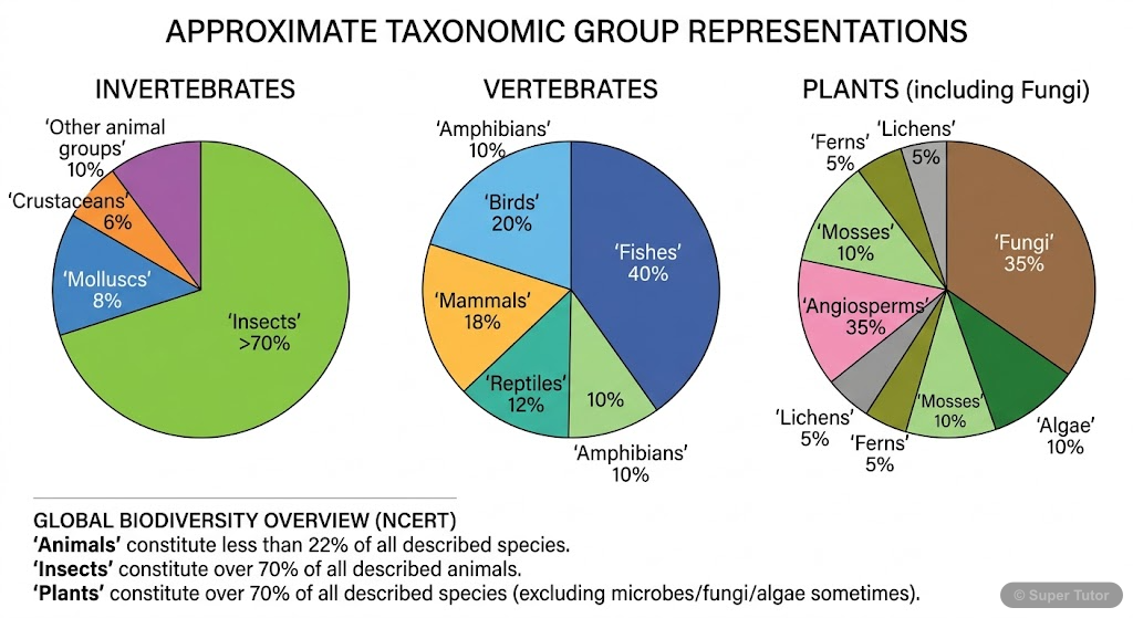 Pie charts illustrating the proportionate number of species for major groups of invertebrates, vertebrates, and plants, based on Robert May's global estimates.