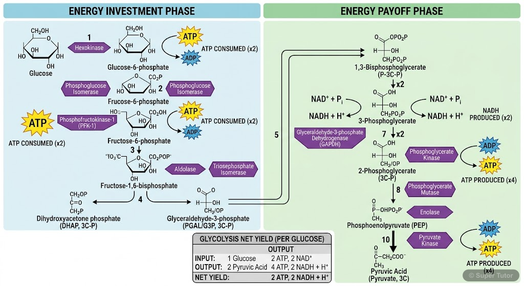 A detailed flowchart illustrating the 10 steps of glycolysis, from glucose to pyruvic acid, highlighting ATP utilization, ATP production (substrate-level phosphorylation), and NADH production.